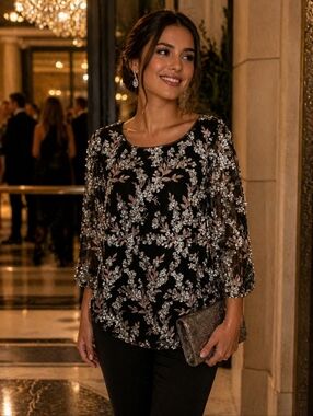 Alex Evenings Black Lace Blouse with Pink and Silver Floral Sequin.